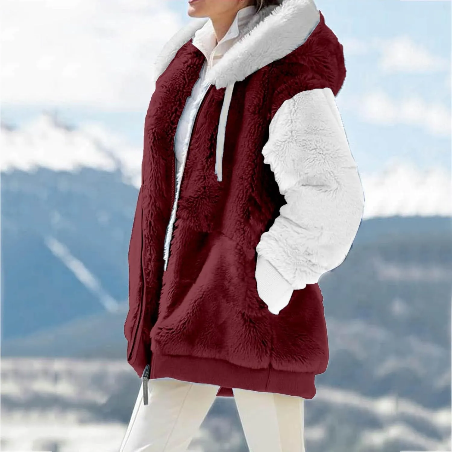 QWENTMTNTY Fuzzy Jackets for Women Zip Up Dressy Winter Coat Comfort Jackets Winter Jackets Plus Size Fleece Lined Jacket
