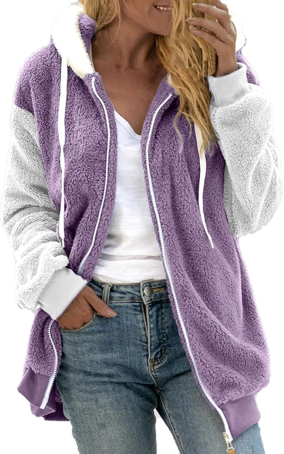 QWENTMTNTY Fuzzy Jackets for Women Zip Up Dressy Winter Coat Comfort Jackets Winter Jackets Plus Size Fleece Lined Jacket