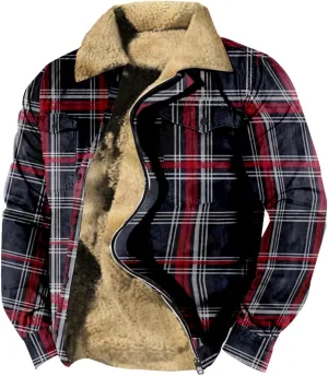 QWENTMTNTY Sherpa Fleece Lined Jacket for Men Plaid Flannel Vintage Distressed Trucker Jacket Regular Fit Thermal Winter Coats