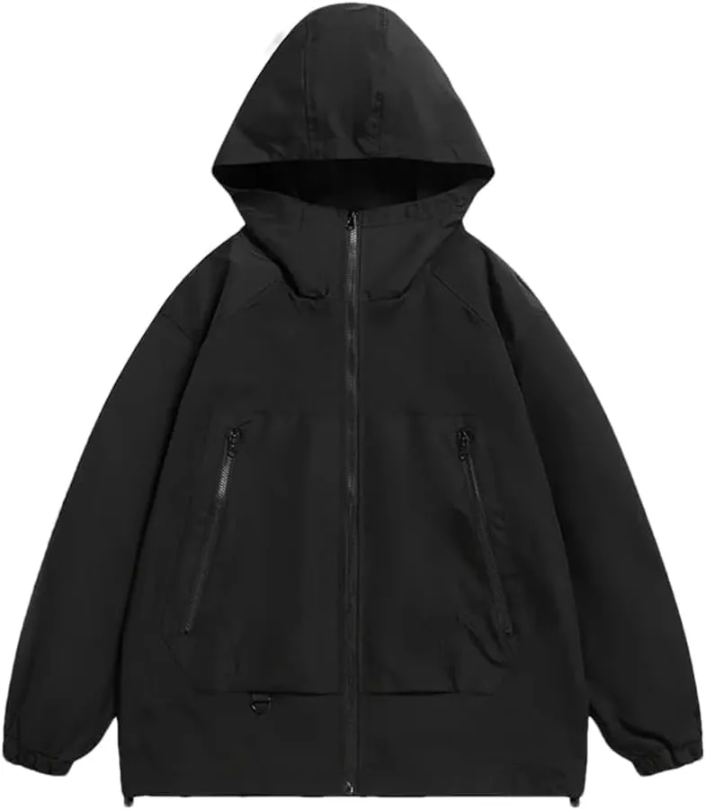 Rfmfkkg Men Solid Color Zipper Jackets Loose Hooded Jackets Windbreaker Coat Streetwear Outdoor
