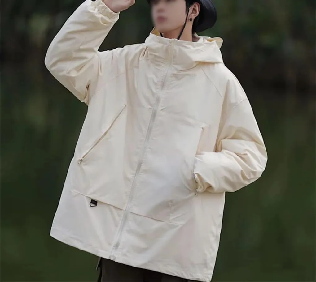 Rfmfkkg Men Solid Color Zipper Jackets Loose Hooded Jackets Windbreaker Coat Streetwear Outdoor
