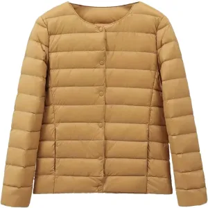 SaoBiiu Women Ultra Light Inter Puffer Jackets Collarless Portable Down Jackets yellow M