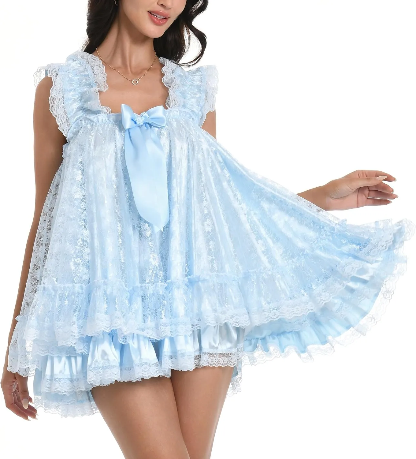 Satini Lingerie Satin Sissy Babydoll Ruffles Frilly Lace Nightie Negligee Cosplay Nightwear Dress