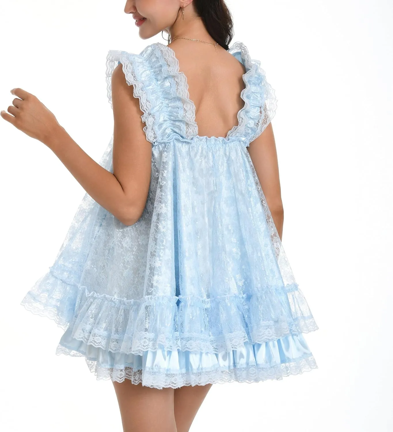 Satini Lingerie Satin Sissy Babydoll Ruffles Frilly Lace Nightie Negligee Cosplay Nightwear Dress