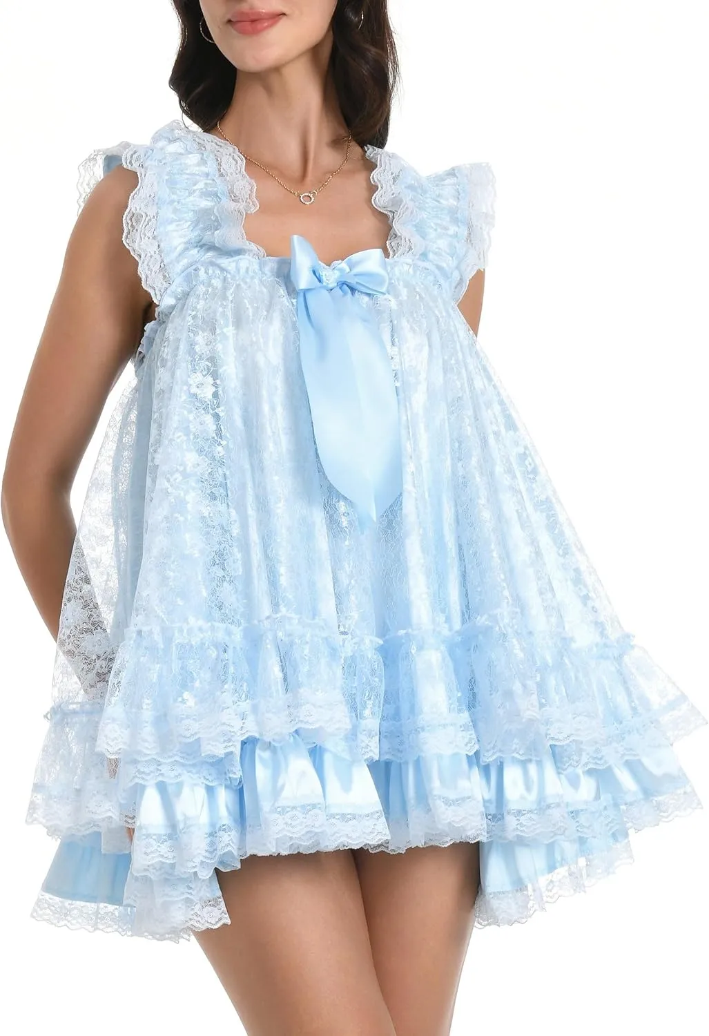 Satini Lingerie Satin Sissy Babydoll Ruffles Frilly Lace Nightie Negligee Cosplay Nightwear Dress