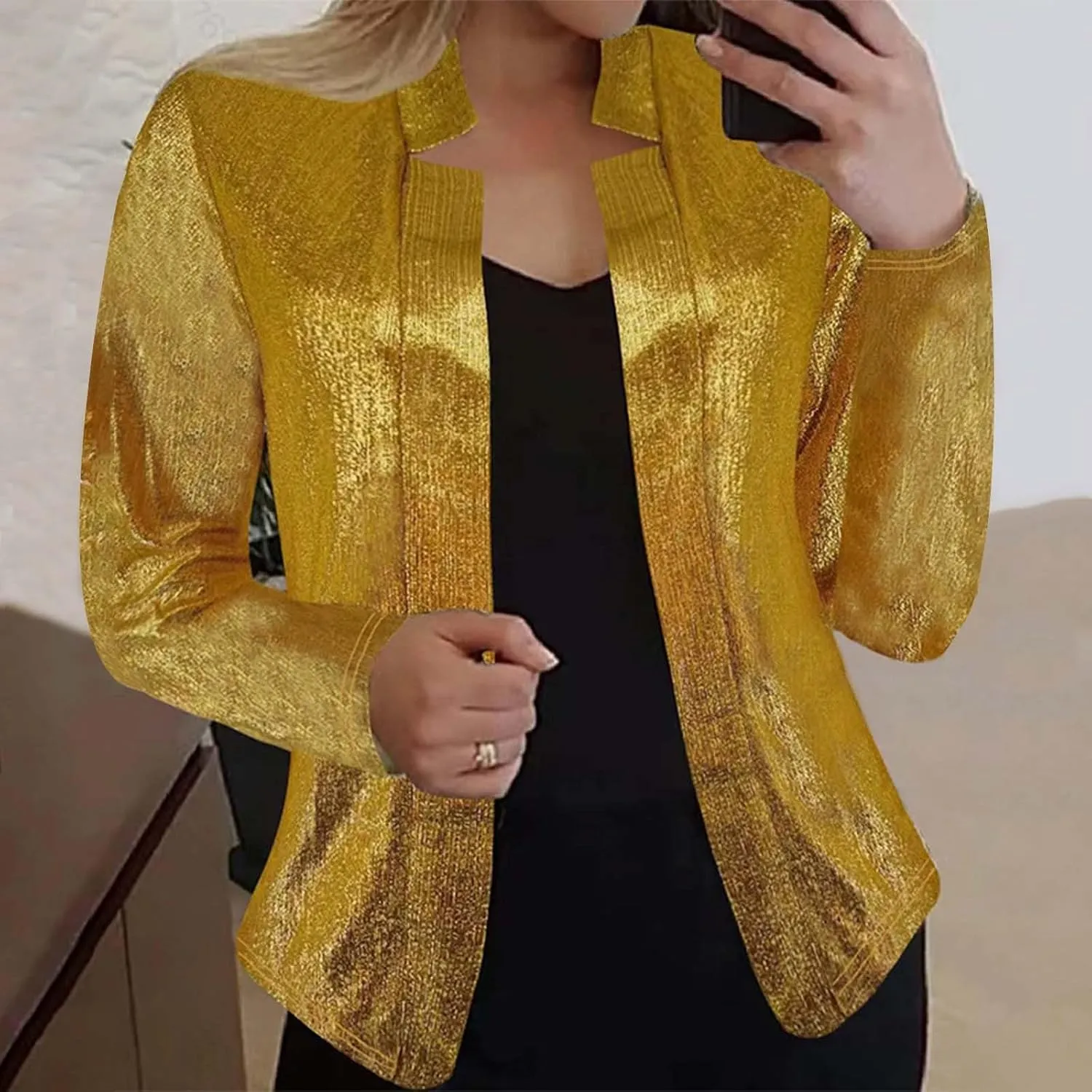 Sequin Blazer for Women Sparkly Sequin Jacket Crop Long Sleeve Lapel Open Front Shimmer Glitter Sequin Cardigan