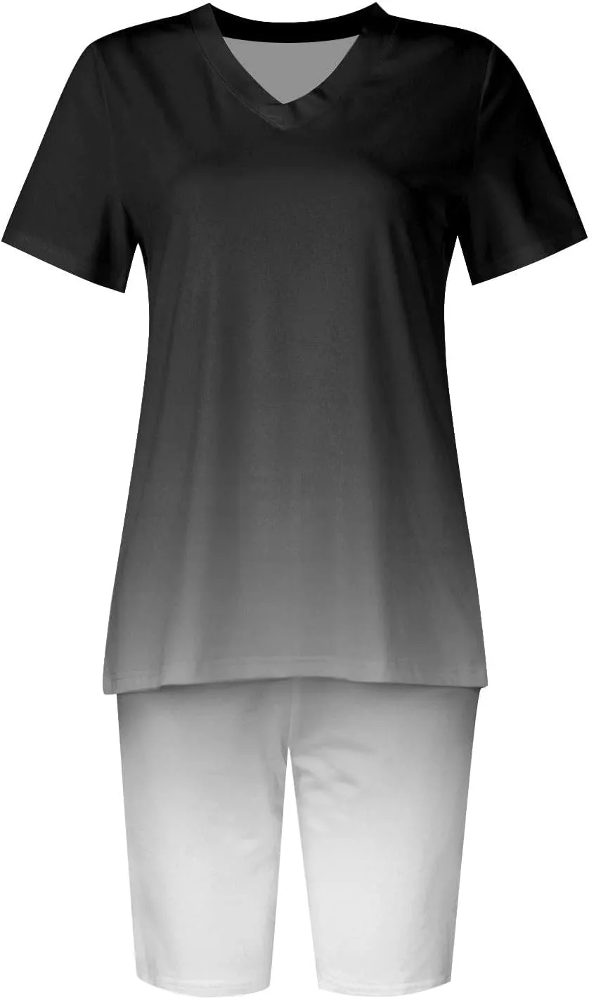 Sets for Women Clothing Two Piece Summer Workout Hiking Outfit V Neck T-Shirts Biker Shorts Workout Tracksuit