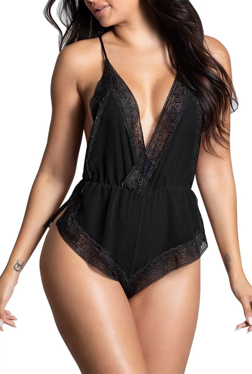 Sexy Lingerie for Women Teddy Lace Bodysuit Deep V-Neck Halter Sleepwear Sheer Mesh One Piece Babydoll Pajamas