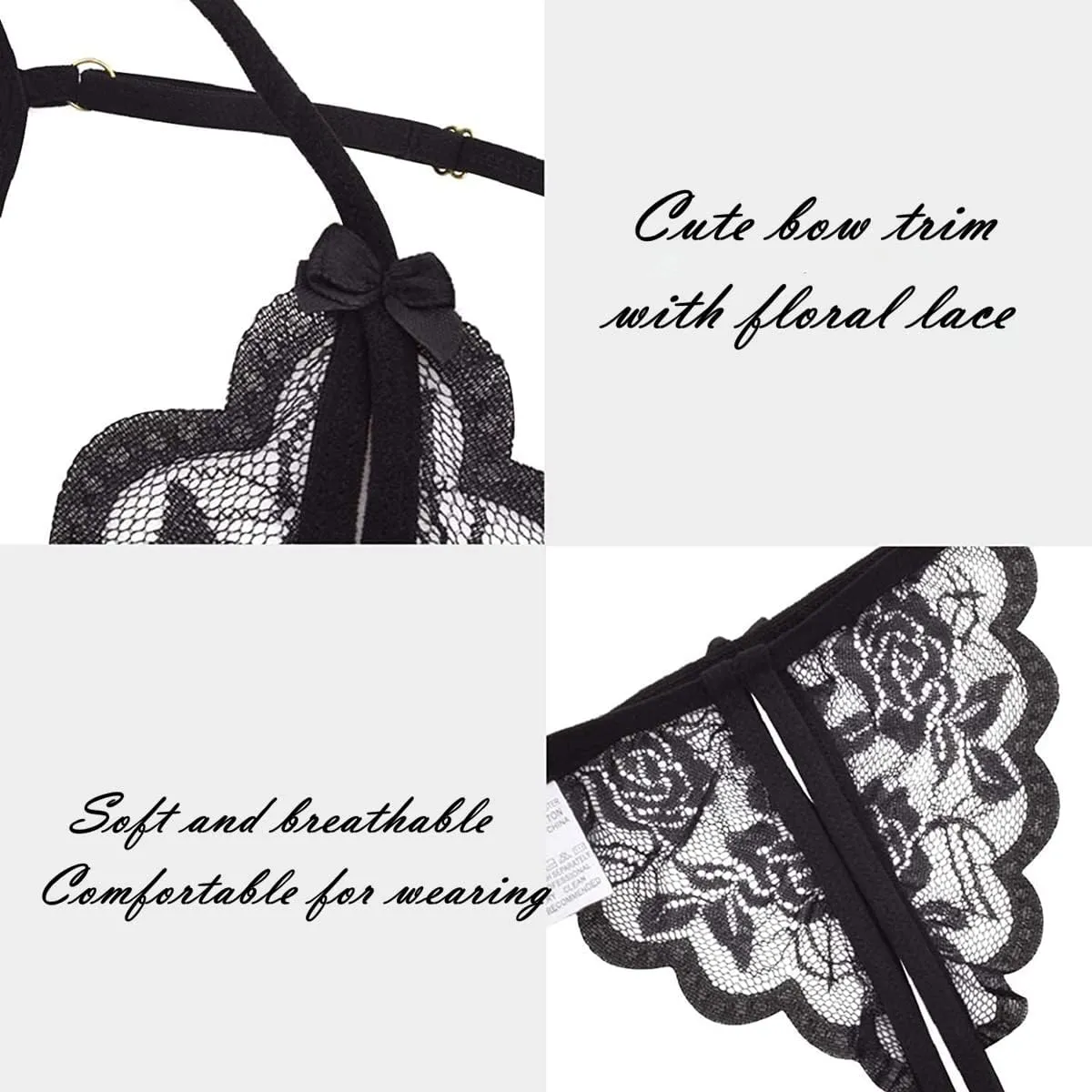 Sexy Lingerie Lace 2 Piece Bra and Panty Set Women's Sheer Babydoll Self Tie Bralette and Strappy Underwear Thong