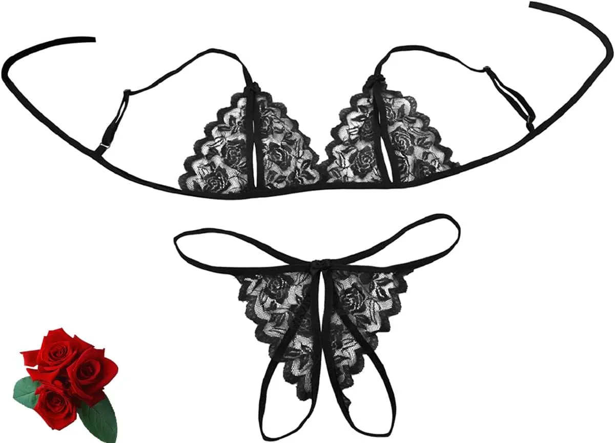 Sexy Lingerie Lace 2 Piece Bra and Panty Set Women's Sheer Babydoll Self Tie Bralette and Strappy Underwear Thong