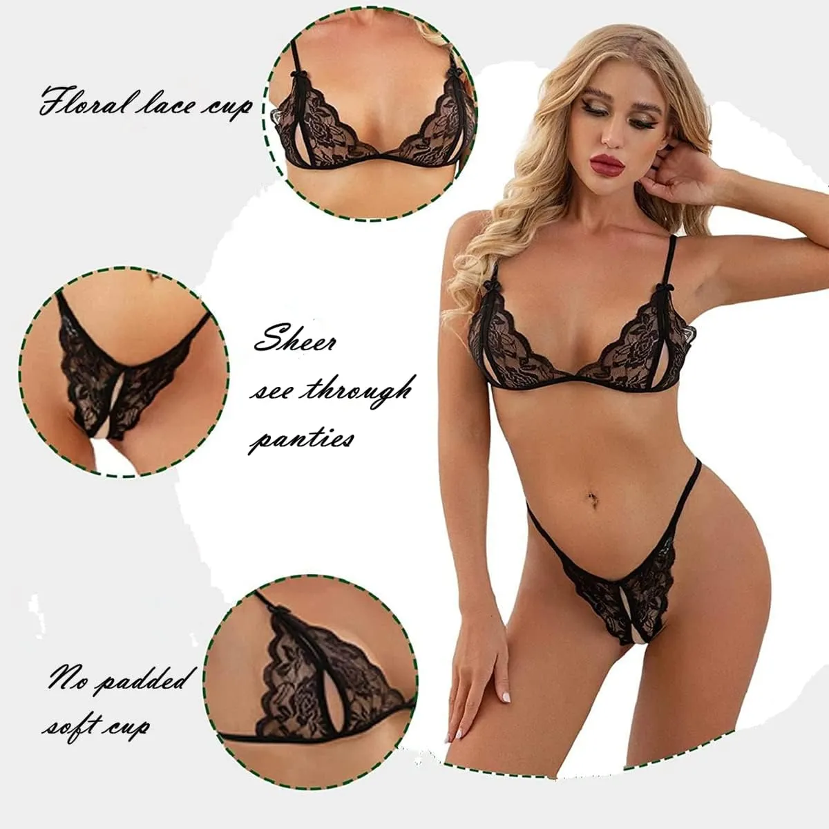 Sexy Lingerie Lace 2 Piece Bra and Panty Set Women's Sheer Babydoll Self Tie Bralette and Strappy Underwear Thong