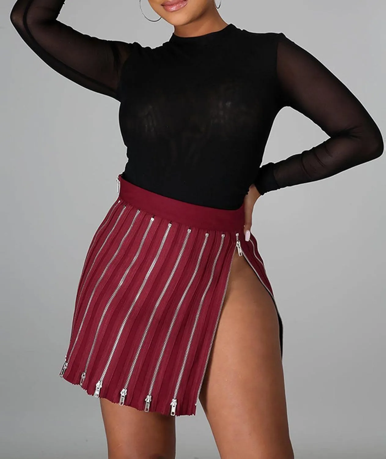 Sexyshine Women's Zipper Fly Patchwork Skirts High Waist Split Pleated Bodycon Mini Skirt Street Clubwear