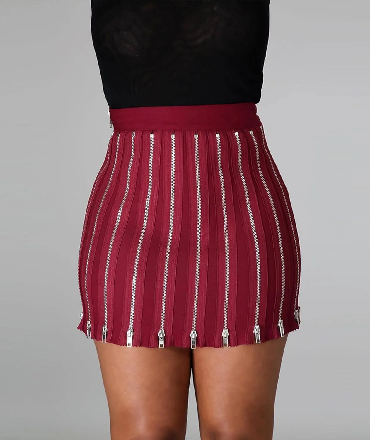 Sexyshine Women's Zipper Fly Patchwork Skirts High Waist Split Pleated Bodycon Mini Skirt Street Clubwear