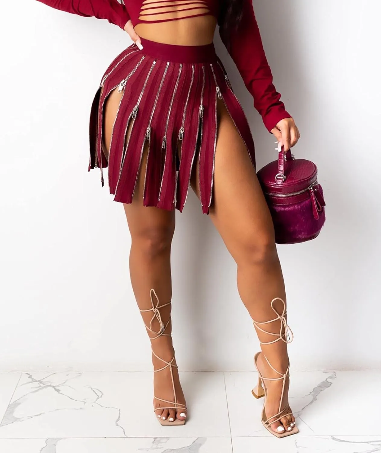 Sexyshine Women's Zipper Fly Patchwork Skirts High Waist Split Pleated Bodycon Mini Skirt Street Clubwear