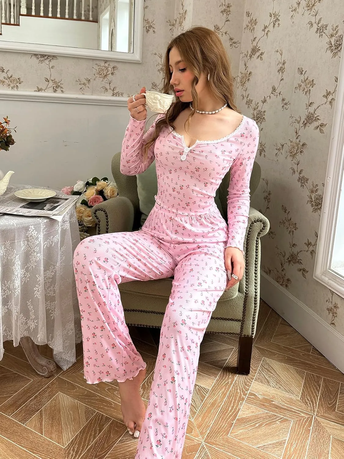 SHENHE Women's 2 Piece Pajama Sets Floral Ribbed Cute Pajama Long Sleeve Crop Top and Pant Lounge Set