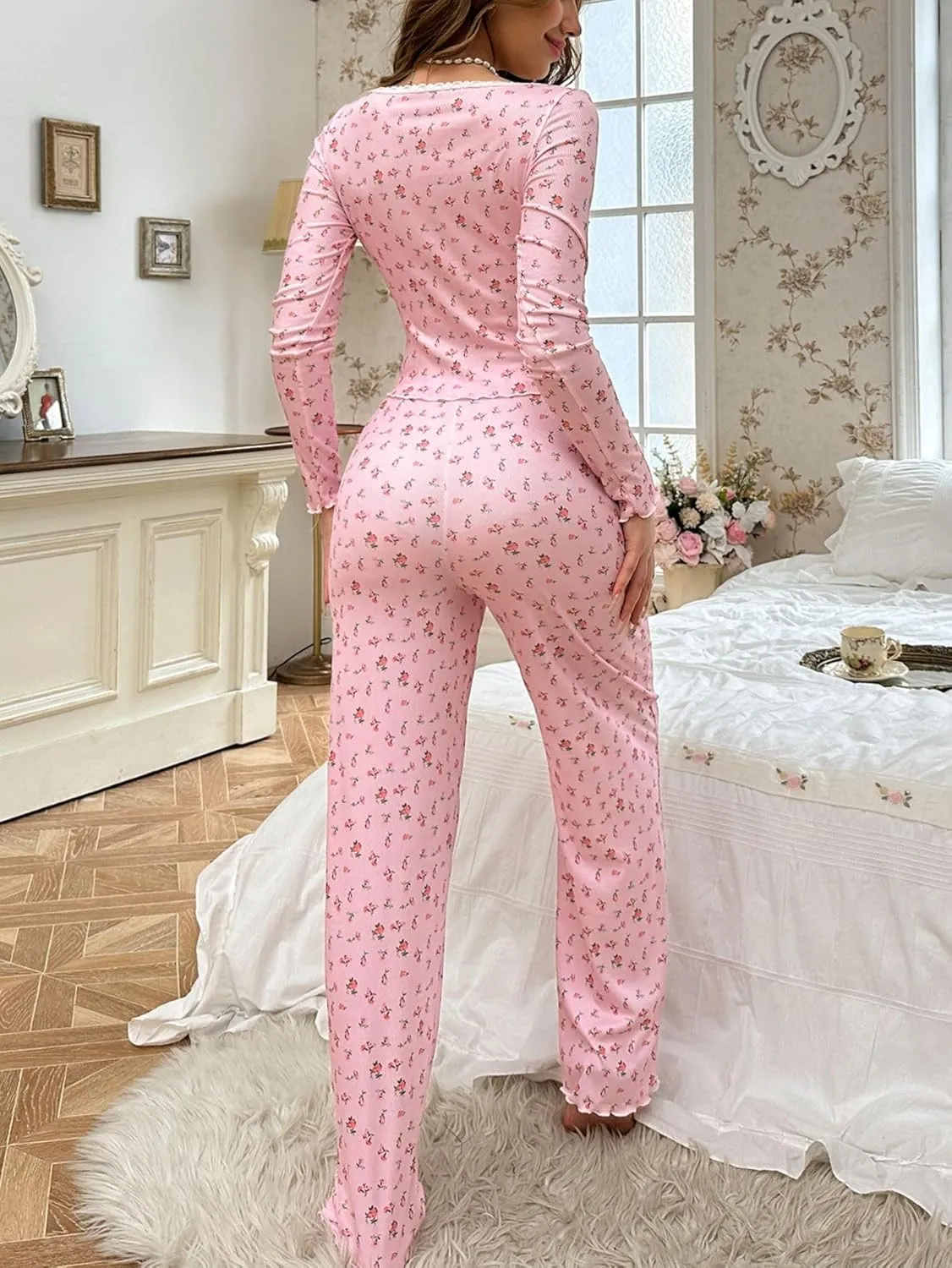 SHENHE Women's 2 Piece Pajama Sets Floral Ribbed Cute Pajama Long Sleeve Crop Top and Pant Lounge Set