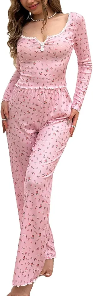 SHENHE Women's 2 Piece Pajama Sets Floral Ribbed Cute Pajama Long Sleeve Crop Top and Pant Lounge Set