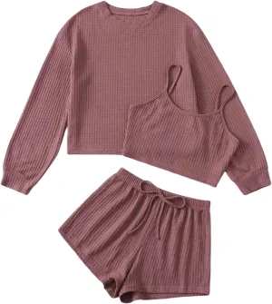 SHENHE Women's Pajama Sets Sleepwear 3 Piece Ribbed Knit Cami Top and Shorts Lounge Sets Outfits Set with Tee
