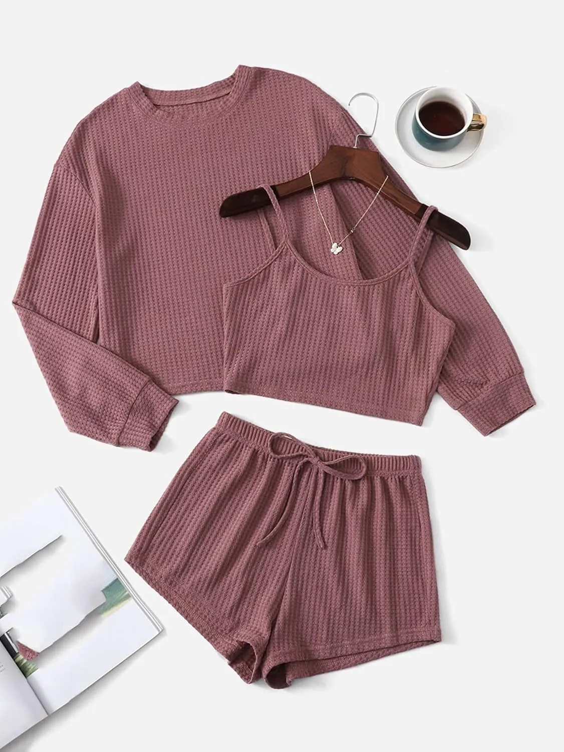 SHENHE Women's Pajama Sets Sleepwear 3 Piece Ribbed Knit Cami Top and Shorts Lounge Sets Outfits Set with Tee