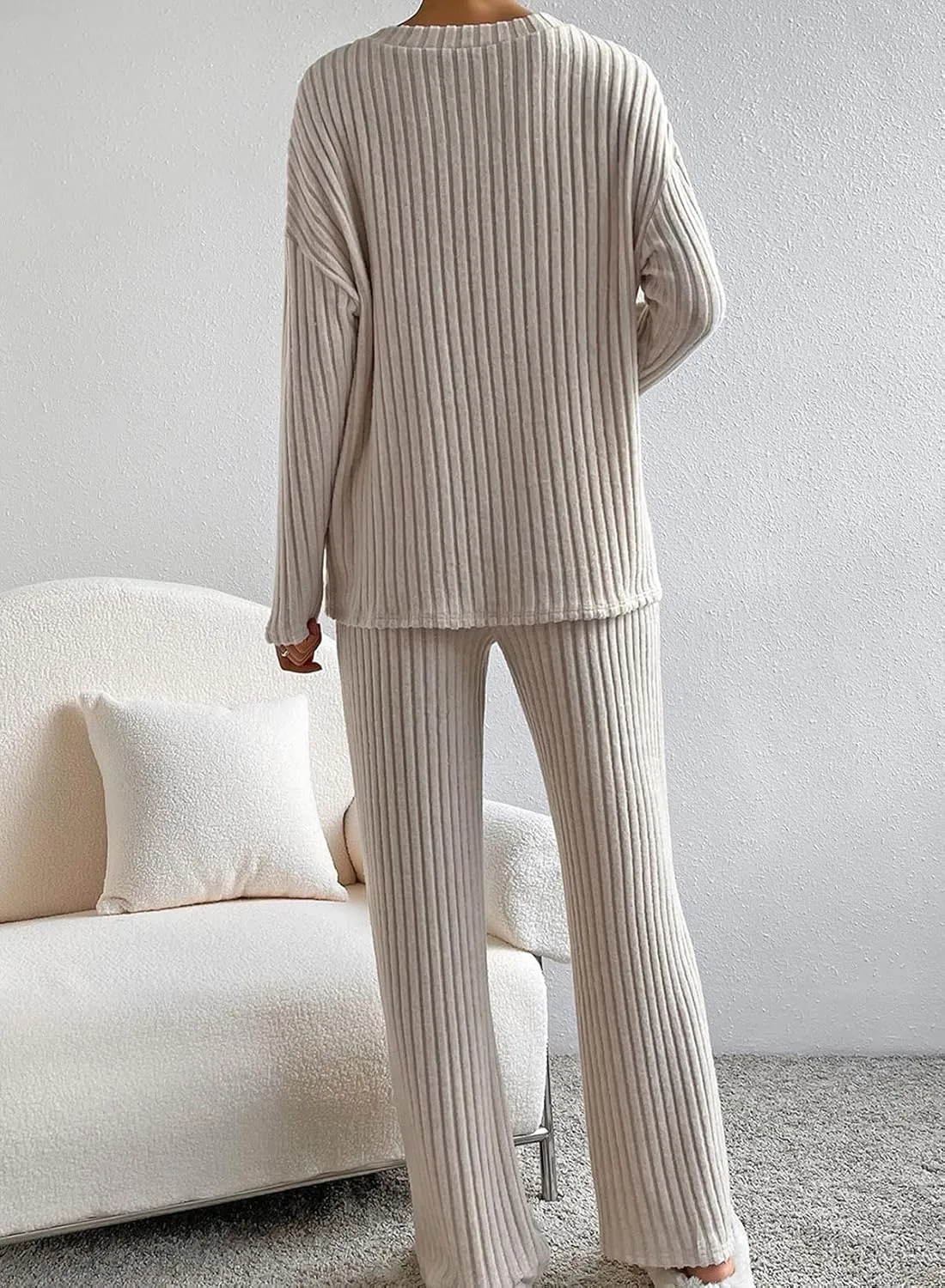 SHEWIN Women's Pajama Sets Long Sleeve Short Sleeve 2 Piece Lounge Sets Ribbed Knit Sweater Sleepwear
