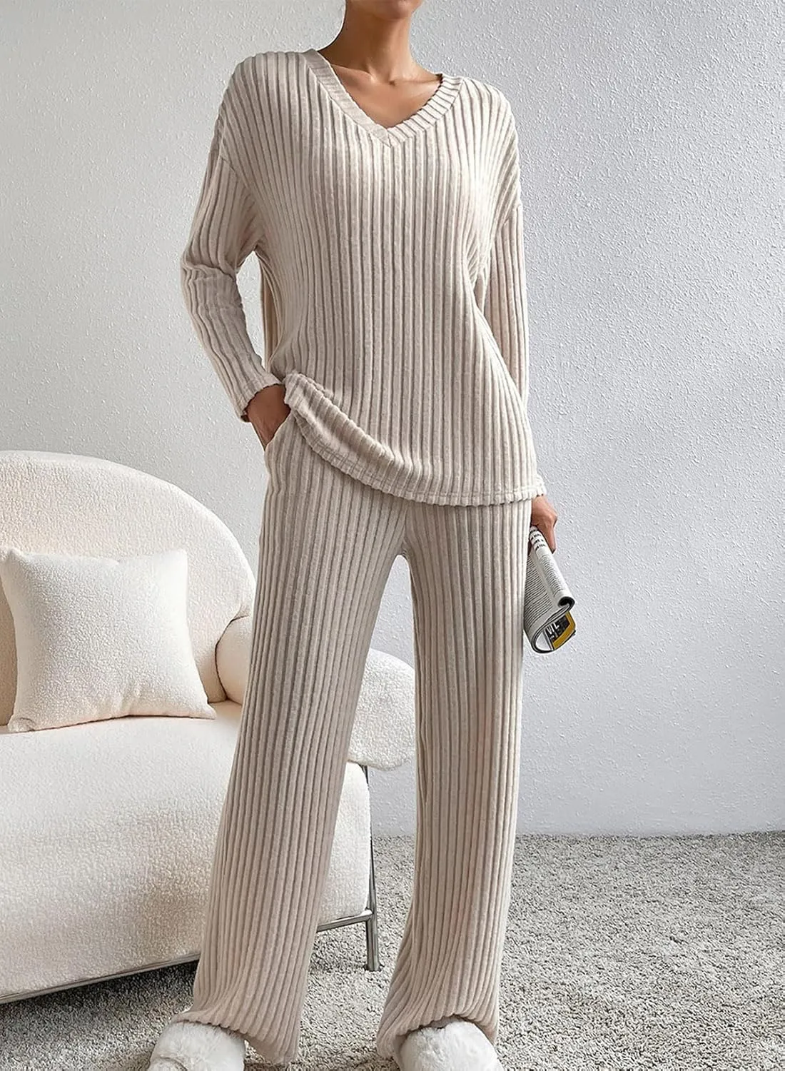 SHEWIN Women's Pajama Sets Long Sleeve Short Sleeve 2 Piece Lounge Sets Ribbed Knit Sweater Sleepwear
