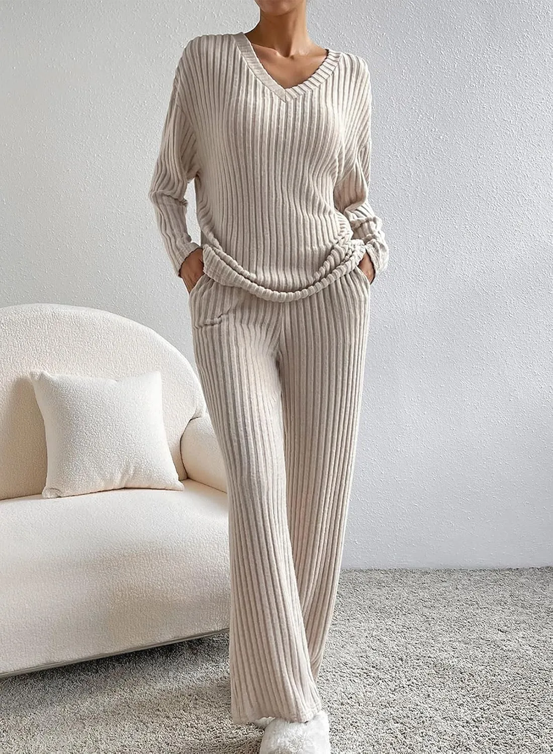 SHEWIN Women's Pajama Sets Long Sleeve Short Sleeve 2 Piece Lounge Sets Ribbed Knit Sweater Sleepwear