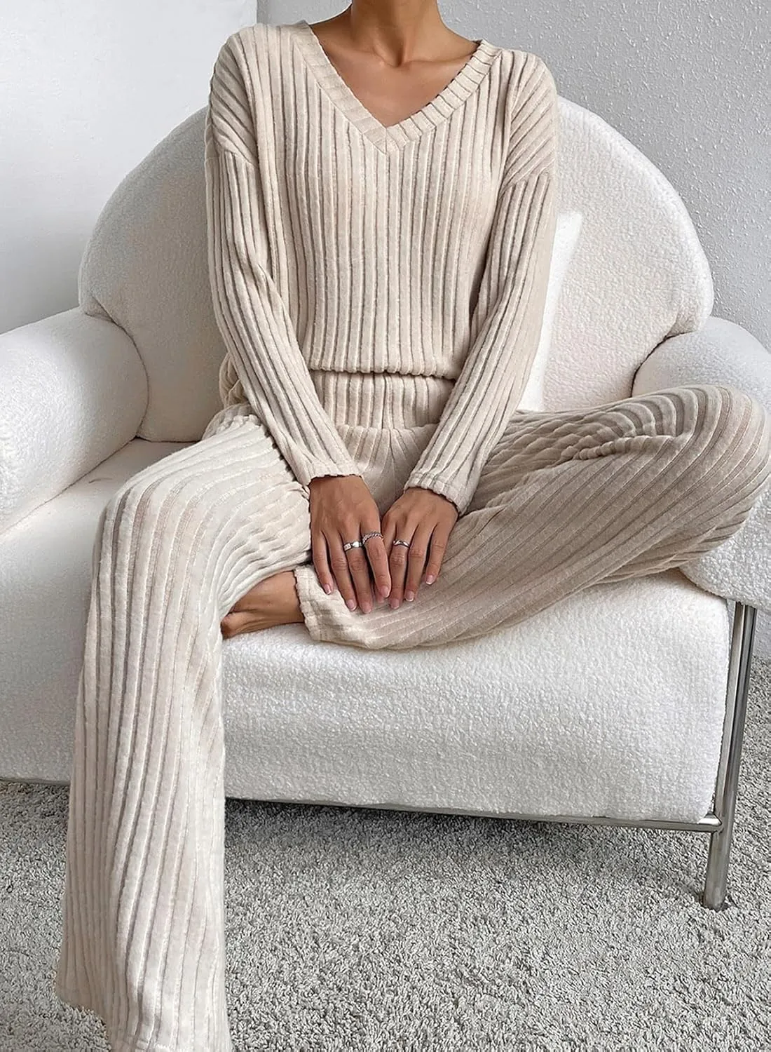 SHEWIN Women's Pajama Sets Long Sleeve Short Sleeve 2 Piece Lounge Sets Ribbed Knit Sweater Sleepwear