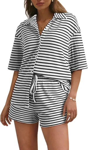 SHEWIN Womens Pajama Sets Short Sleeve 2 Piece Lounge Sets Summer Outfits for Women