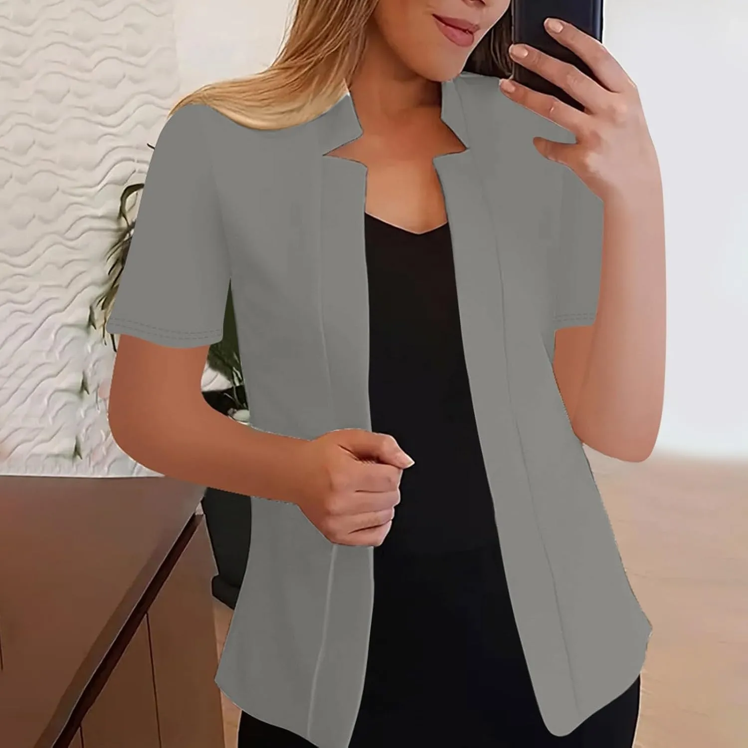Short Sleeve Lightweight Open Front Cardigan for Women Notched Collar Work Office Blazer Slim Fitted Suit Jackets