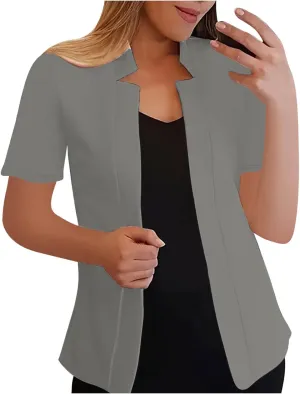 Short Sleeve Lightweight Open Front Cardigan for Women Notched Collar Work Office Blazer Slim Fitted Suit Jackets
