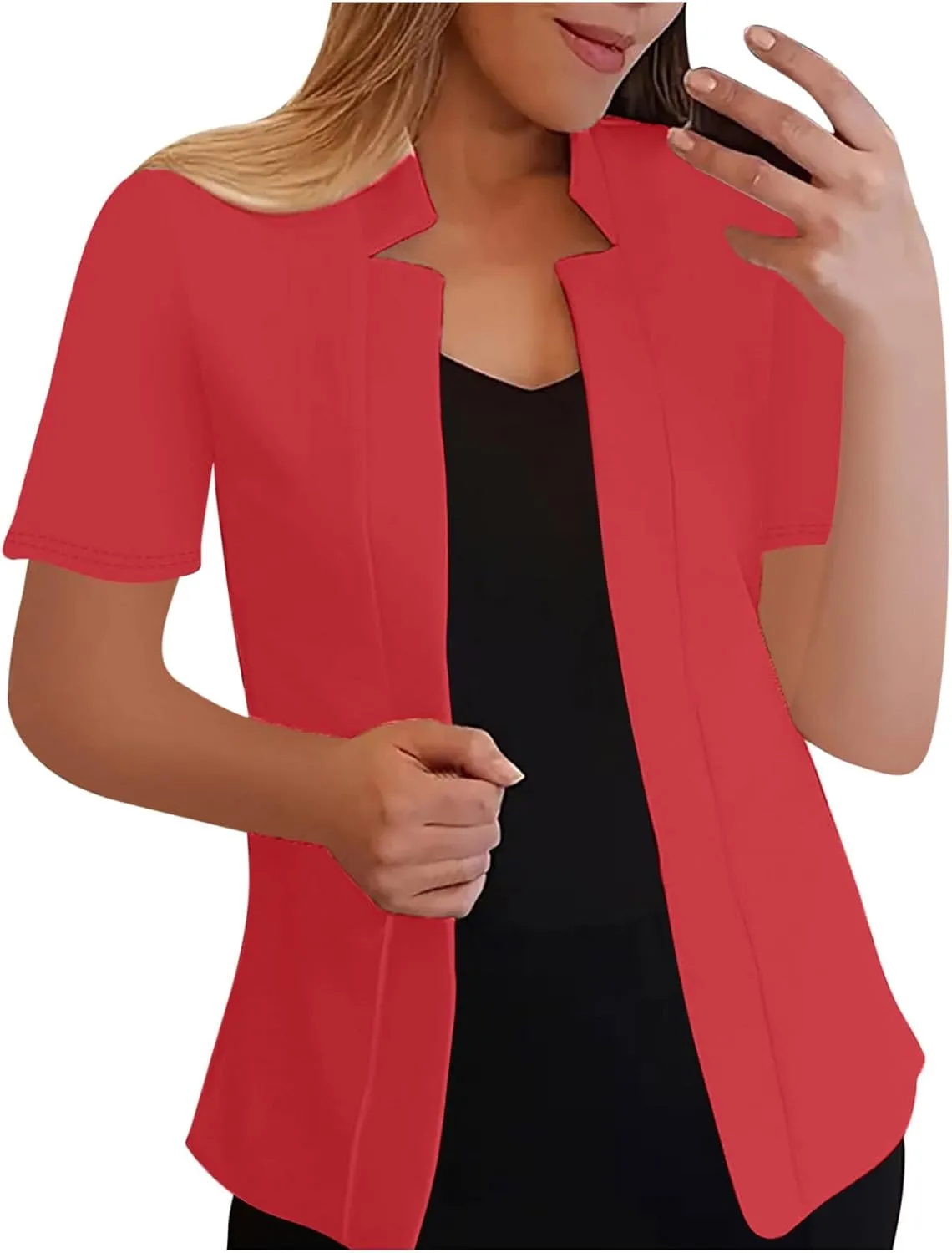 Short Sleeve Lightweight Suit Jackets Women Summer Casual Open Front Work Office Blazers Notch Collar Solid Cardigan
