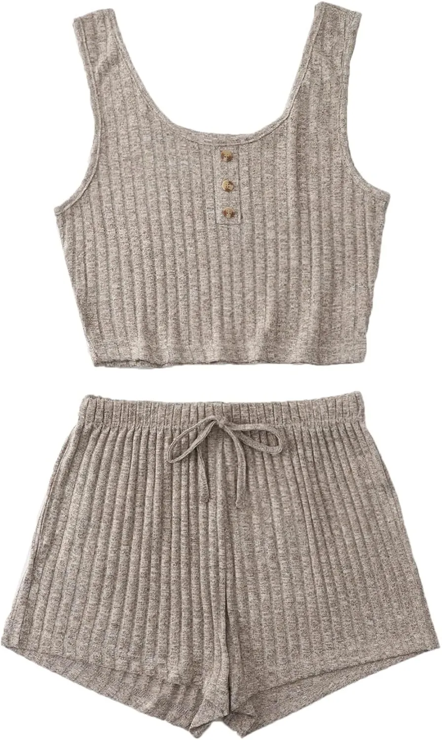 SOLY HUX Women's Button Front Ribbed Knit Tank Top and Shorts Pajama Set Sleepwear Lounge Sets