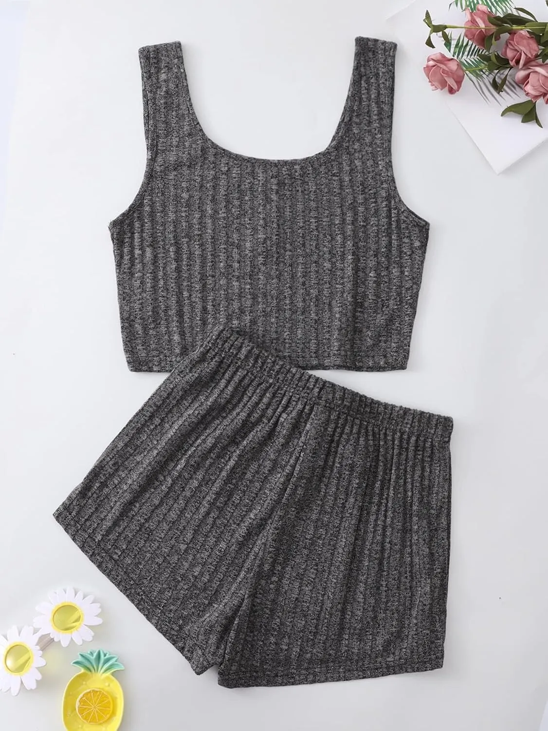 SOLY HUX Women's Button Front Ribbed Knit Tank Top and Shorts Pajama Set Sleepwear Lounge Sets