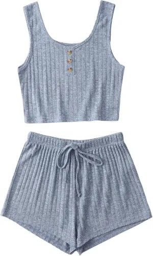 SOLY HUX Women's Button Front Ribbed Knit Tank Top and Shorts Pajama Set Sleepwear Lounge Sets