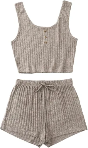 SOLY HUX Women's Button Front Ribbed Knit Tank Top and Shorts Pajama Set Sleepwear Lounge Sets