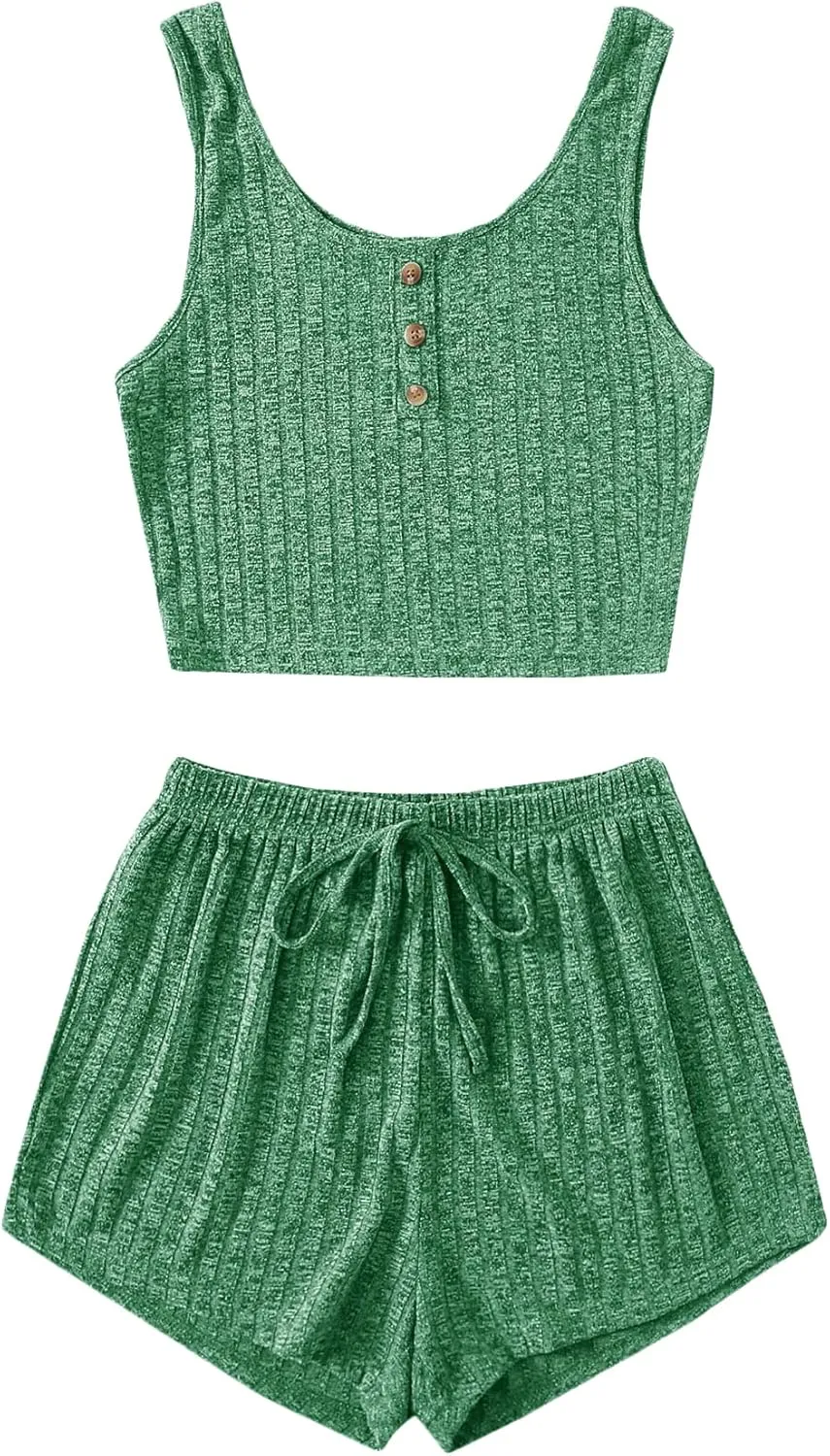 SOLY HUX Women's Button Front Ribbed Knit Tank Top and Shorts Pajama Set Sleepwear Lounge Sets