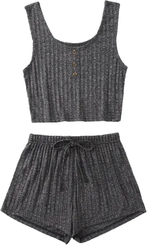 SOLY HUX Women's Button Front Ribbed Knit Tank Top and Shorts Pajama Set Sleepwear Lounge Sets