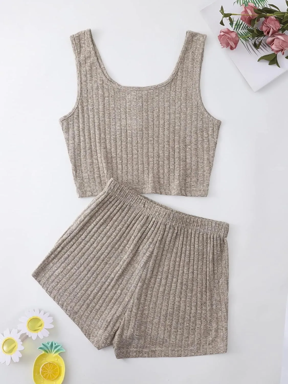 SOLY HUX Women's Button Front Ribbed Knit Tank Top and Shorts Pajama Set Sleepwear Lounge Sets