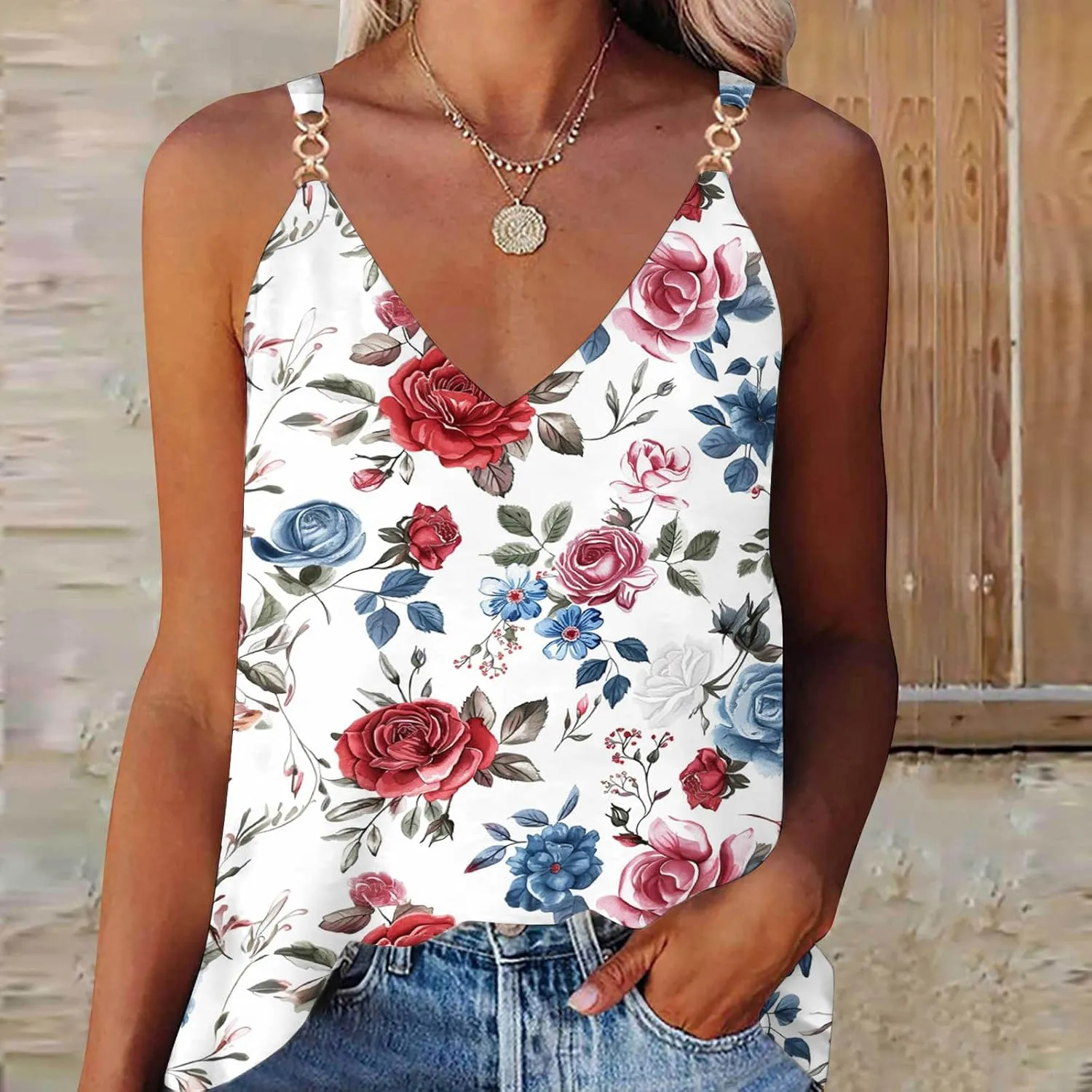 Spaghetti Strap Tank Tops for Women Sexy V Neck Loose Casual Sleeveless Shirts Floral Print Lightweight Basic Tees