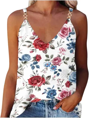 Spaghetti Strap Tank Tops for Women Sexy V Neck Loose Casual Sleeveless Shirts Floral Print Lightweight Basic Tees