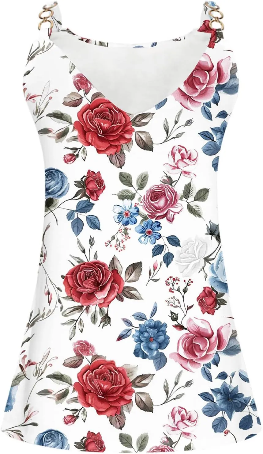 Spaghetti Strap Tank Tops for Women Sexy V Neck Loose Casual Sleeveless Shirts Floral Print Lightweight Basic Tees