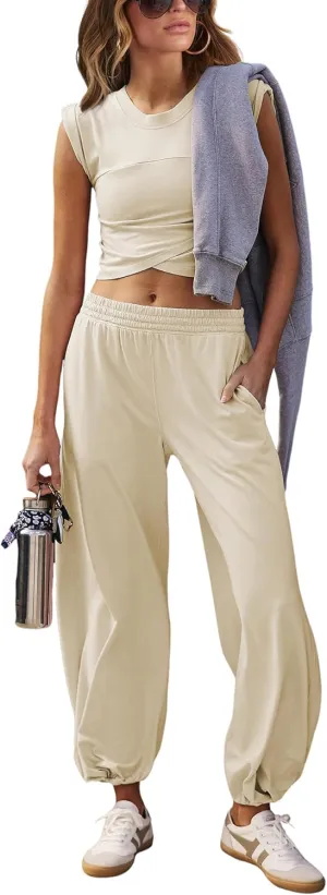 Springrain Womens Two Pieces Outfits Casual Lounge Sets Cropped Tops Sweatpants Tracksuit with Pockets