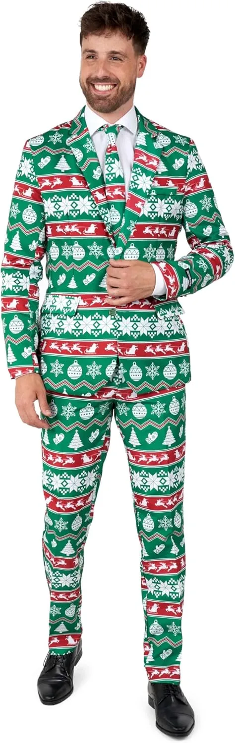 Suitmeister Men's Christmas Suit - Ugly Holiday Festive Outfit - Includes Blazer, Pants, Tie