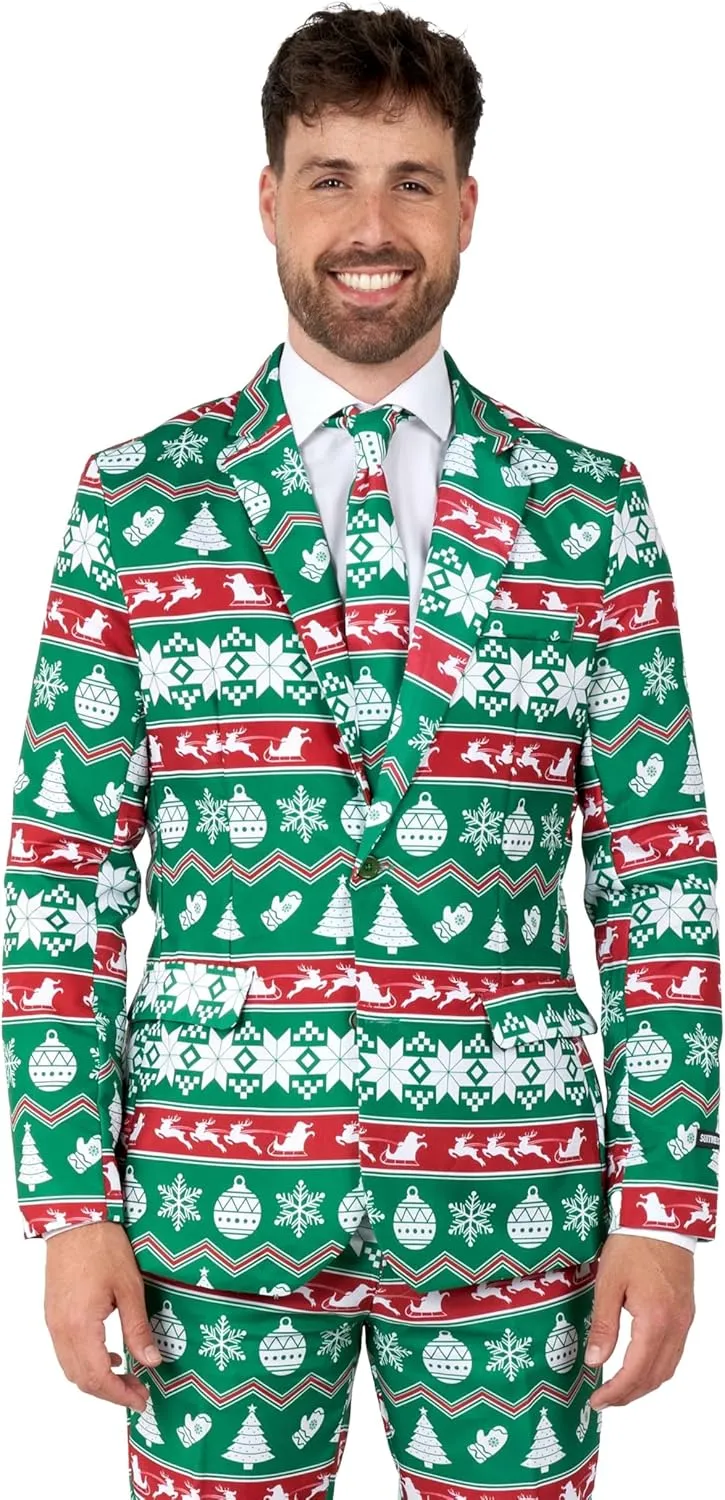 Suitmeister Men's Christmas Suit - Ugly Holiday Festive Outfit - Includes Blazer, Pants, Tie