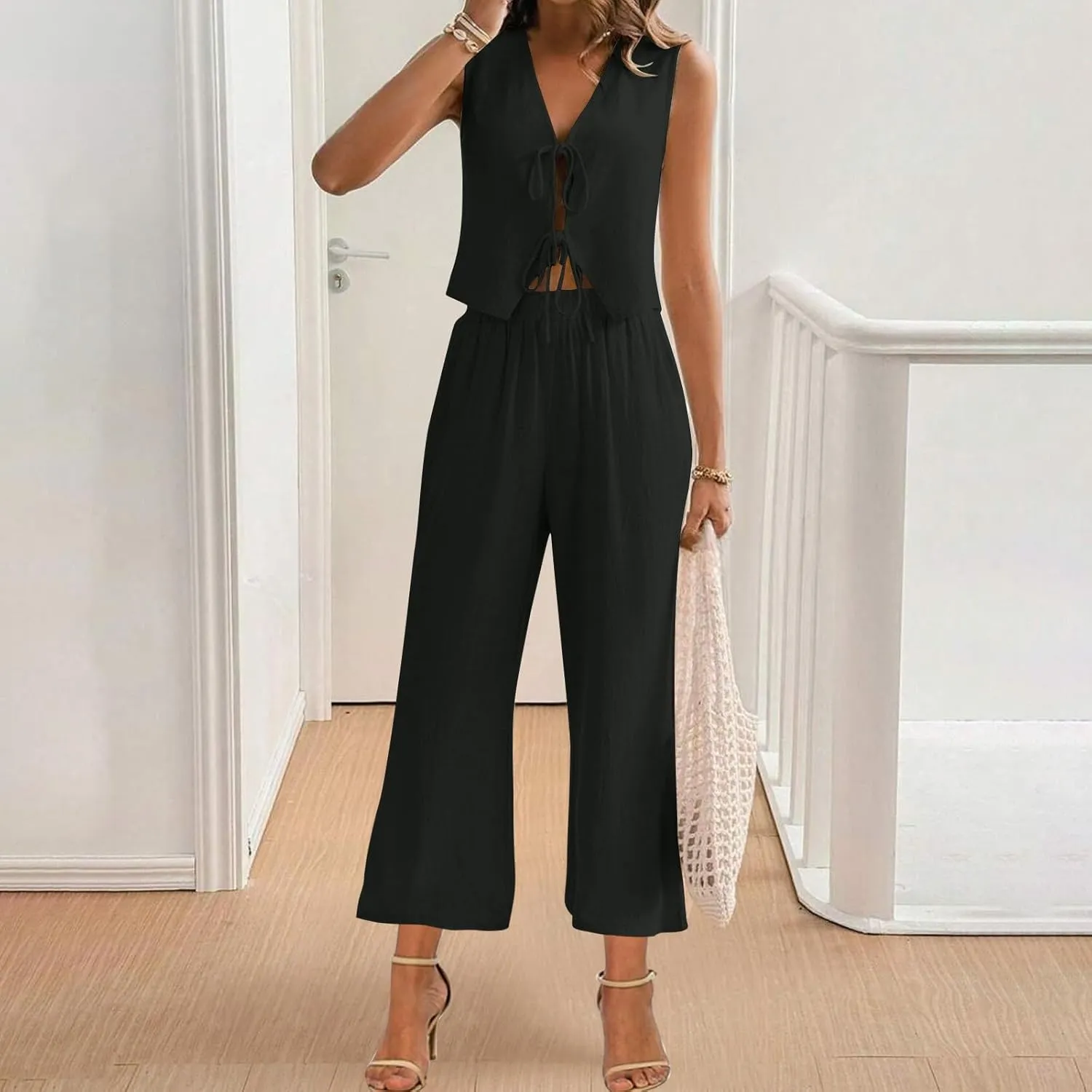 Summer Linen 2 Piece Outfits for Women Laceup Tie Front Cutout Tank Top with Wide Leg Pants Solid Lounge Sets