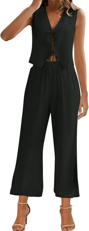 Summer Linen 2 Piece Outfits for Women Laceup Tie Front Cutout Tank Top with Wide Leg Pants Solid Lounge Sets