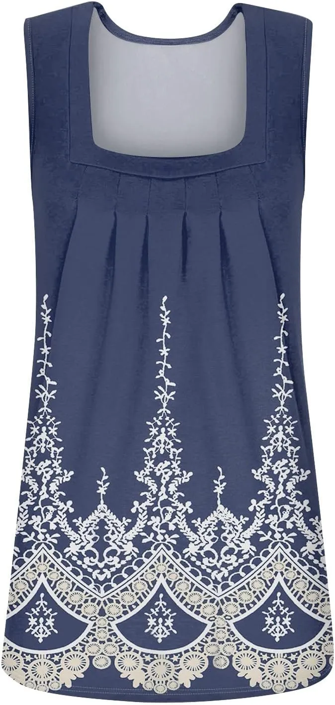 Summer Tank Tops for Women Sleeveless Square Neck Tops Comfy Pleated Tanks Blouses Dressy Casual