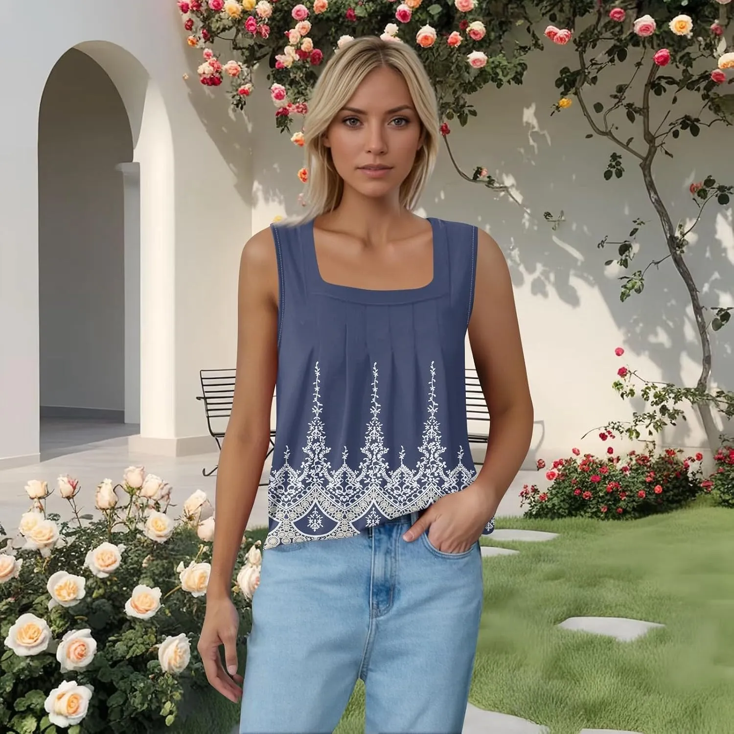 Summer Tank Tops for Women Sleeveless Square Neck Tops Comfy Pleated Tanks Blouses Dressy Casual