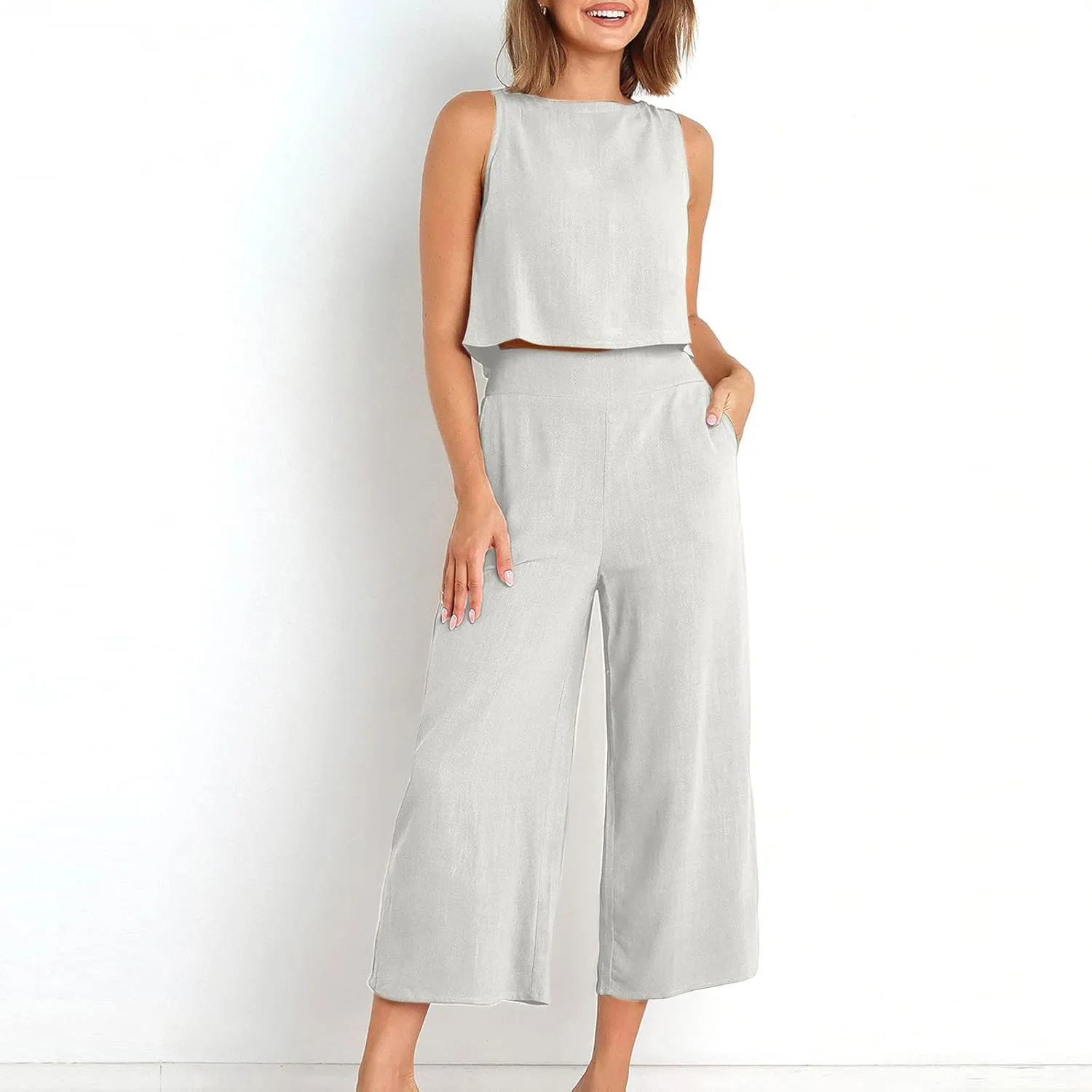 Summer Vacation 2 Piece Outfits For Women 2024 Sleeveless Crop Top Capri Wide Leg Pants Matching Lounge Set Linen Sets