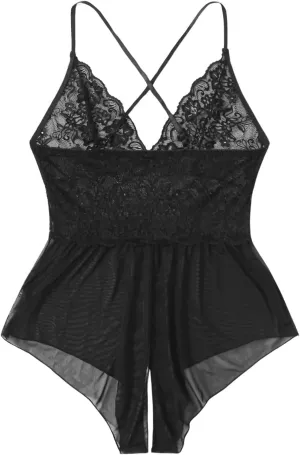 SweatyRocks Women's Plus Size Lingerie Sheer Mesh Floral Lace Cutout Teddy Bodysuit